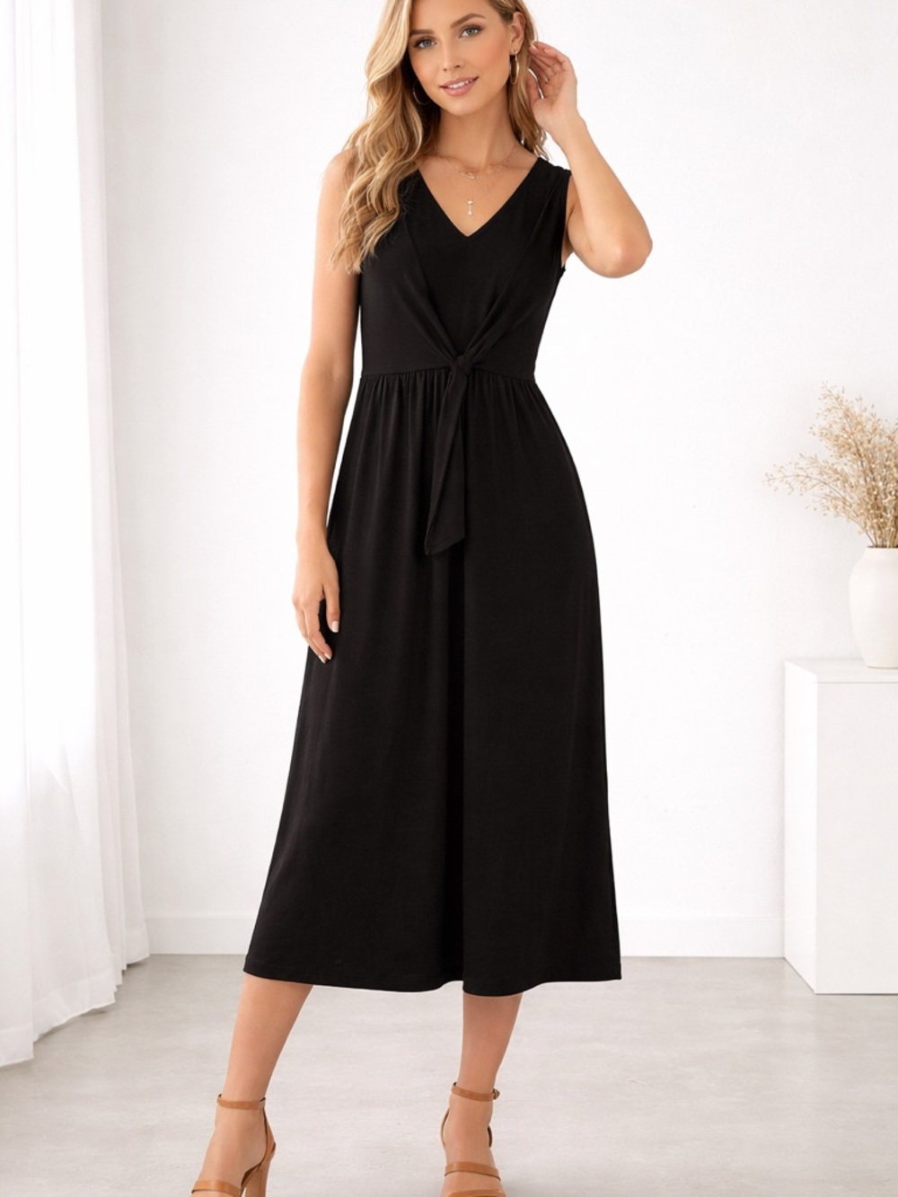 Adyson Parker XL Black Sleeveless Midi Dress with Tie-Front